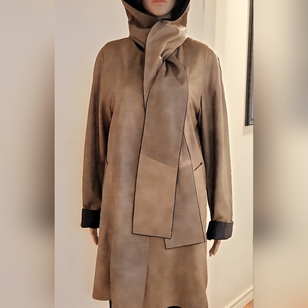 NooN Soft Faux-Leather Lined Trench Coat with Detachable Hood-Scarf / S / Tan